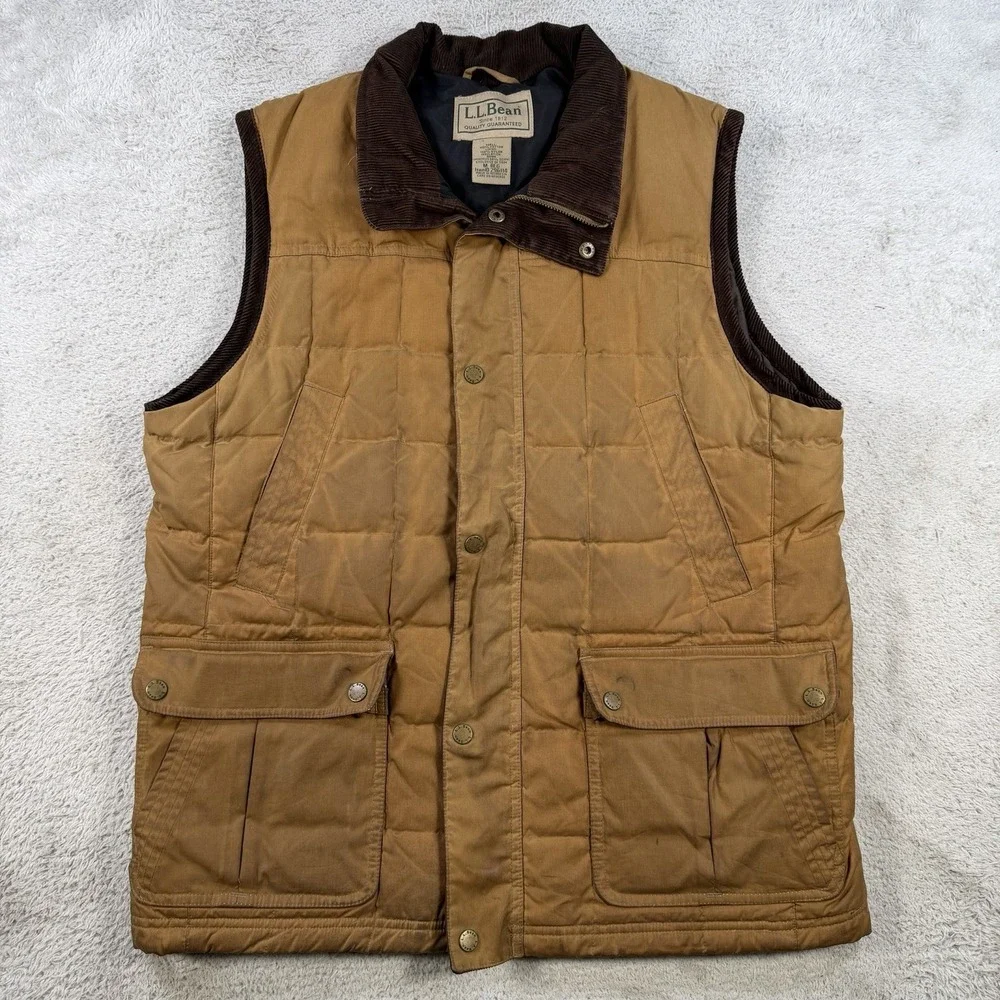 LL Bean Vest Mens Medium Brown Upcountry Waxed Down Quilted Puffer Corduroy
